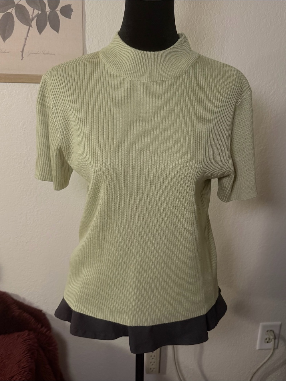 Vintage Sage Green Ribbed Short-Sleeve Mock Neck Top